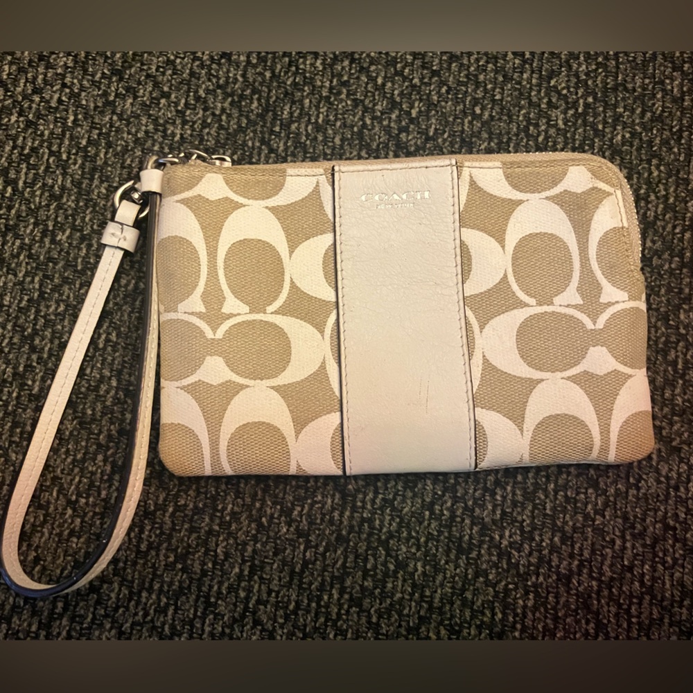 Coach legacy logo zip wristlet in white and tan